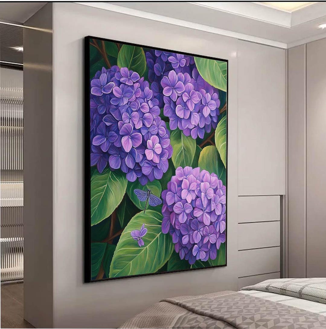 Purple Hydrangea Wall Art, Floral Oil Painting on Canvas, Botanical ...