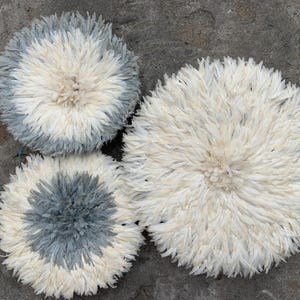 Peut inclure: Trois décorations murales rondes avec une texture duveteuse semblable à des plumes. Deux sont principalement blanches, tandis que la troisième a un centre et une bordure bleu-gris. Les objets sont disposés sur une surface grise.