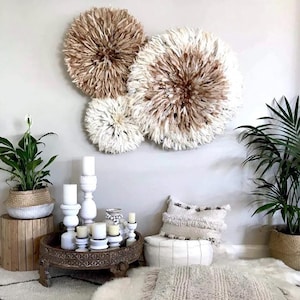 White and Tan juju hat set | African feather hanging | boho wall decoration