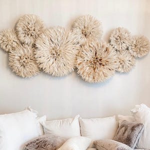 Ivory White Feather Juju Hat Wall Art Set – Handmade Bohemian Wall Decor Living Room, Bedroom & Entryway