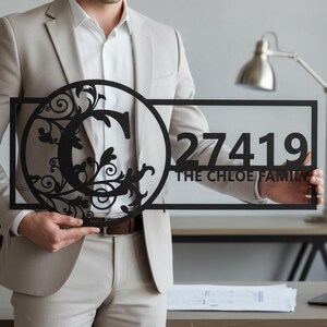 Personalized Monogram Family Plaque,Floral Vine House Number Sign,Metal Front Door Address Sign,Custom Scroll Initial Family Sign,Home Decor
