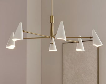 Lámpara de techo colgante moderna de estilo italiano con pantalla blanca y 6 brazos, de mediados de siglo.