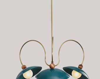 Mid Century Modern Chandelier | Brass & Walnut Pendant Light with Enamel Shades