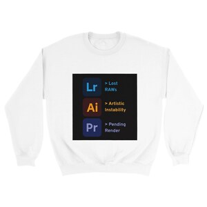 Może przedstawiać: Biała bluza z czarną kwadratową grafiką. Grafika zawiera litery "Lr", "Ai" i "Pr" w kolorze niebieskim, czerwonym i fioletowym, z tekstem wskazującym "Lost RAWs", "Artistic Instability" i "Pending Render".