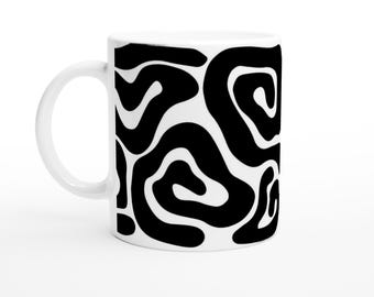 24-MAG Abstract Black and White Mug | 11oz Ceramic Coffee Cup | Modern Wavy Line Art | Minimalist Aesthetic Gift