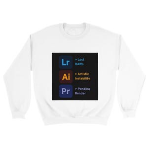Può includere: Felpa bianca con grafica quadrata nera. La grafica presenta le lettere "Lr", "Ai" e "Pr" in blu, rosso e viola, con testo che indica "Lost RAWs", "Artistic Instability" e "Pending Render".