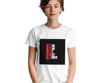 Arbeite hart aber feiere härter | Motivierendes Typografie T-Shirt für Frauen | Schweres Baumwoll-T-Shirt | Erhältlich in 13 Farben