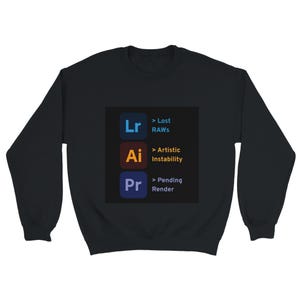 Può includere: Felpa nera con una grafica sul davanti. La grafica presenta i loghi del software Adobe Lightroom, Illustrator e Premiere Pro, con testo umoristico sui problemi comuni.