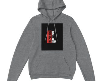 Werk hard, maar speel harder | Hoodie met grappige motivatiecitaat voor dames | Zwaar gemêleerd sweatshirt met capuchon |Verkrijgbaar in 9 kleuren