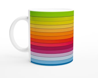 24-MAG Retro Rainbow Striped Mug | Minimalist Coffee Mug | 11oz Colorful Ceramic Coffee Cup | Vibrant Aesthetic Drinkware
