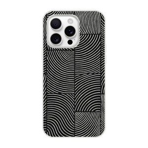 May include: A white iPhone case with a black and white wavy line pattern. The case has a square design with a series of curved lines, creating a geometric pattern. The phone case has a camera cutout.