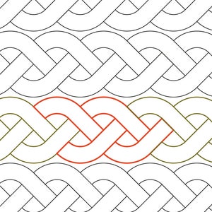 Könnte beinhalten: Eine Schwarzweißillustration eines geflochtenen Kabelmusters. Der mittlere Abschnitt des Musters ist in Rot und Grün hervorgehoben. Der Text "BRAIDED CABLE" befindet sich in der unteren rechten Ecke des Bildes.