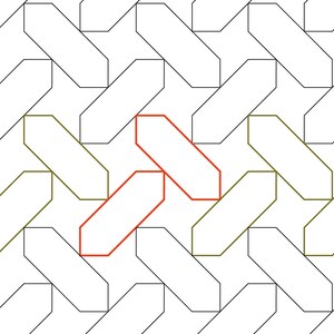 May include: Geometric pattern featuring repeating white shapes outlined in black, with olive green and red accents. The text "Chisel Point" is displayed in a white box with the designer's logo.