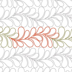 Op de afbeelding: Een zwart-witte lijntekening van een grillig verenpatroon. Het patroon wordt herhaald over de hele afbeelding. De tekst "WHIMSICAL FEATHER" staat in de rechterbenedenhoek van de afbeelding.