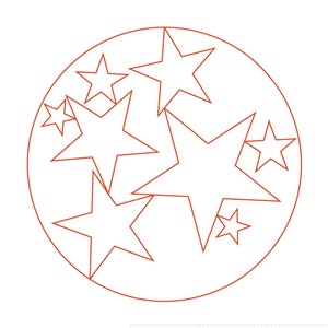 May include: A line drawing of a red Christmas ornament with multiple stars inside. The ornament is a circle with a white background. The stars are all different sizes and are arranged in a random pattern. The text "CHRISTMAS STARS" is below the ornament.