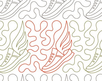 May include: A repeating pattern of running shoes with wings, in black, green, and red. The shoes are outlined with a simple design, and the wings are stylized. The words "Winged Runner" are in the bottom right corner.