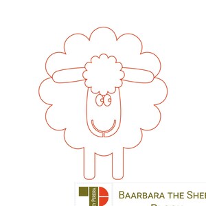 Peut inclure: Dessin au trait d'un mouton blanc avec un visage souriant et de grands yeux. Le mouton est délimité en rouge et le texte "BAARBARA THE SHEEP BLOCK" est sous l'image.