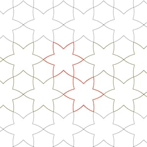 Puede incluir: Patrón geométrico repetitivo de formas de estrella interconectadas en líneas negras, verde oliva y rojas sobre un fondo blanco. El diseño está etiquetado como "STAR MOSAIC" en un cuadro blanco con un logotipo.