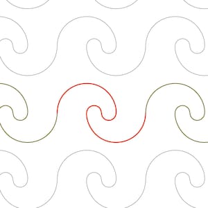 May include: A repeating pattern of stylized waves in black, olive green, and red on a white background. The text "CREST OF A WAVE" is displayed in a serif font. The design is by Tracey Pereira.