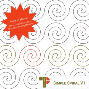 Op de afbeelding: Een digitaal downloadpatroon voor een quiltproject genaamd "Simple Spiral V1". Het patroon heeft een herhalend ontwerp van spiralen in zwart, rood en groen. De tekst "Thuis afdrukken" is opgenomen in een rode stervorm. De tekst "Handgestuurde Longarm Domestic Sewing Machine" is ook opgenomen.