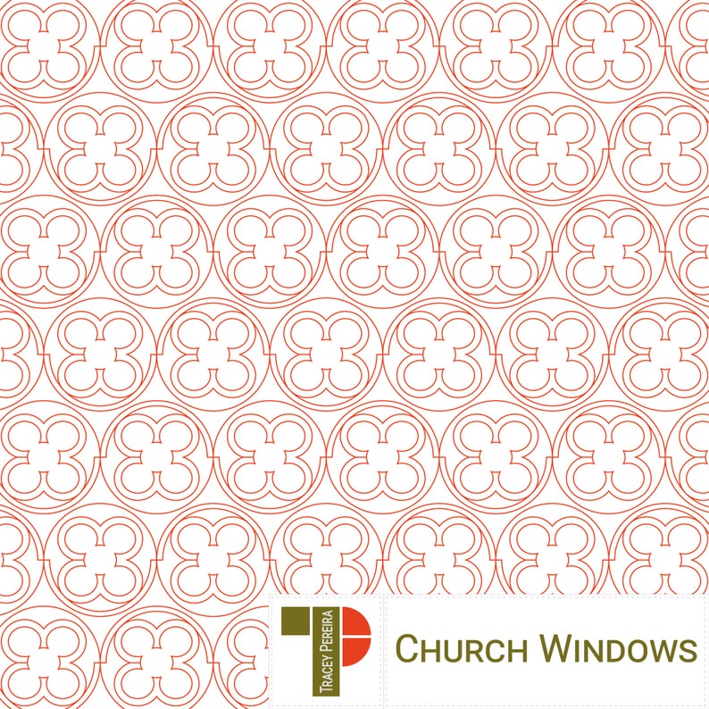 A single line repeating pattern of a large circle with a set of 4 smaller circles inside of it - arranged to ressemble a quatrefoil round church window. Used for computerised longarm quilting machines.