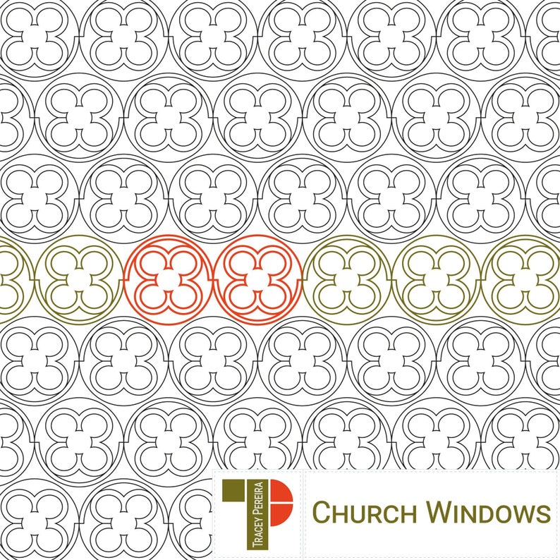A single line repeating pattern of a large circle with a set of 4 smaller circles inside of it - arranged to ressemble a quatrefoil round church window. Used for computerised longarm quilting machines.