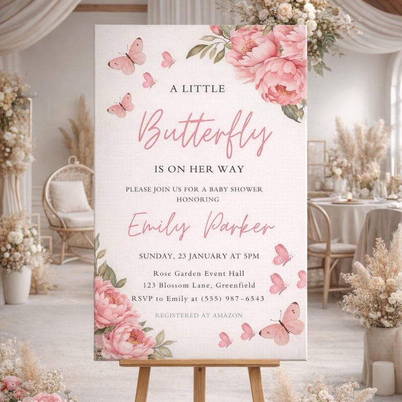 Boho Butterfly Baby Shower Invitation, Pink Floral Baby Invite, Girl ...