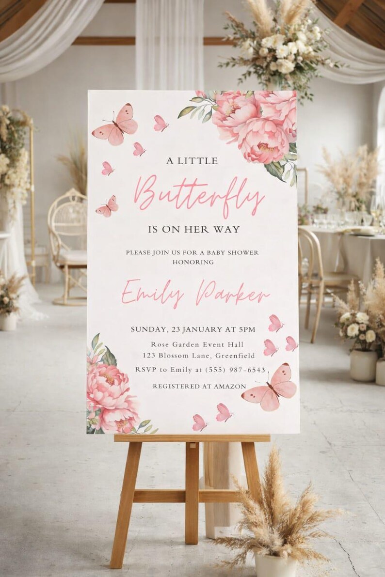 Boho Butterfly Baby Shower Invitation, Pink Floral Baby Invite, Girl ...