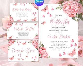 Editable Butterfly Baby Shower Invitation Bundle, Little Butterfly Is On Her Way, Pink Canva Baby Shower Party Card