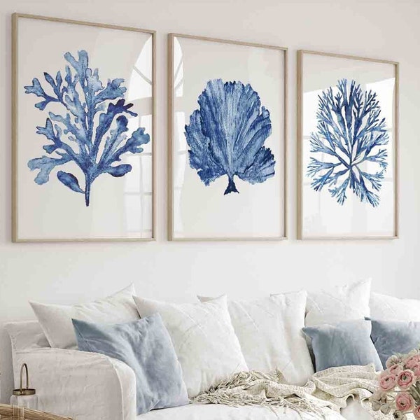 Set di 3 stampe d'arte da parete con alghe coralline blu navy, pittura ad acquerello minimalista, decorazione da parete nautica, arte da parete costiera, opera d'arte della casa sulla spiaggia