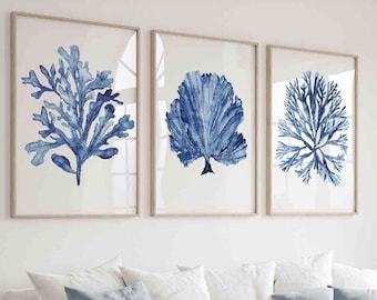 Navy Blue Coral Seaweed Wall Art Set of 3 Prints, Minimalist Watercolor Painting, Nautical Wall Decor, Coastal Wall Art, Beach House Artwork