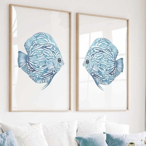 Abstract Discus Fish Wall Art Prints Set of 2 in Aqua Blue, Minimalist Modern Coastal Wall Decor Nautical Watercolor Tropical Fish Painting