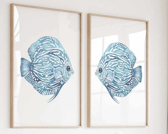 Abstract Discus Fish Wall Art Prints Set of 2 in Aqua Blue, Minimalist Modern Coastal Wall Decor Nautical Watercolor Tropical Fish Painting