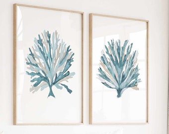 Teal Turquoise Coral Print Set of 2 Prints, Modern Coastal Watercolor Wall Decor, Hamptons Beach House Art, Botanical Extra Large Posters