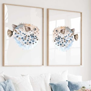 Tropical Puffer Fish Set of 2 Prints Coastal Wall Decor Modern Minimalist Wall Art Blue Beige Fish Poster Hamptons Style Beach House Artwork