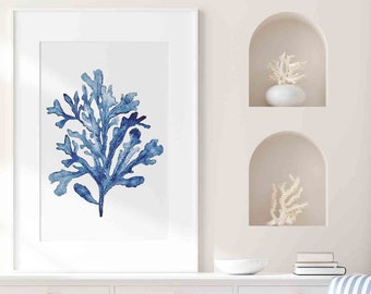 Blue Coral Wall Art Print Navy Indigo Seaweed Watercolor Painting, Modern Minimalist Coastal Hamptons Beach House Decor Kitchen Shelf Art