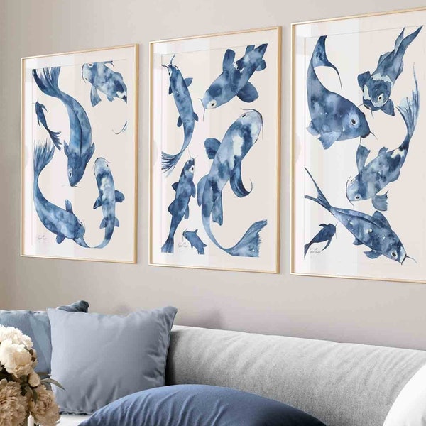 Arte mural japonés con peces koi, pintura zen asiática minimalista, decoración japandi, impresión de estanque tranquilo, obra de arte wabi sabi oriental moderna