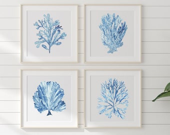 Set of 4 Coral Wall Art Prints in Powder Sky Blue, Nautical Coastal Beach House Decor, Seaweed Watercolor Botanical Marine Algae Paintings