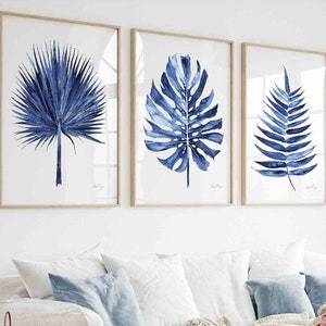 Navy Blue Wall Decor Set of 3 Tropical Exotic Leaf Prints, Minimalist Wall Art, Monstera Palm Leaf Prints, 3 Piece Set, Spring Summer Art