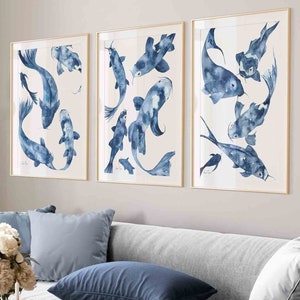 Japandi Wall Art Blue Koi Fish Painting, Wabi Sabi Wall Art Three Piece Wall Art Print Set, Minimalist Decor, Navy Blue Watercolor Painting