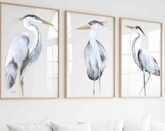 Great Blue Heron Wall Art Set van 3 prints, abstracte aquarel vogelkunst, minimalistische wanddecoratie, cadeau voor haar, vogelillustratie