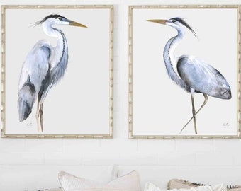 Extra Large Great Blue Heron Wall Art Print Set of 2, Minimalist Decor, Baby Boy Nursery Decor Gender Neutral, Bird Watercolor Illustration