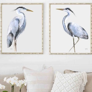 Extra Large Great Blue Heron Wall Art Print Set of 2, Minimalist Decor, Baby Boy Nursery Decor Gender Neutral, Bird Watercolor Illustration