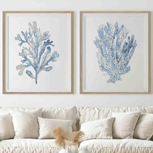 Light Blue Beige Coral Seaweed Wall Art Prints Minimalist Coastal Wall Decor Modern Art Beach House Decor Hamptons Style Watercolor Artwork