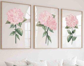 Blush Pink Hydrangea Set of 3 Wall Art Prints, Feminine Minimalist Home Decor, Baby Girl Nursery Art, Pink Flower Botanical Artwork for Kids