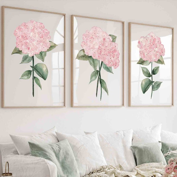 Blush Pink Hydrangea Set of 3 Wall Art Prints, Feminine Minimalist Home Decor, Baby Girl Nursery Art, Pink Flower Botanical Artwork for Kids