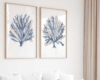 Minimalist Watercolor Wall Art Light Blue Beige Coral Seaweed Set of 2 Prints Coastal Botanical Decor Extra Large Wall Art for Living Room