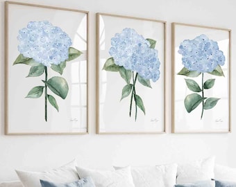 Light Blue Hydrangea Print Set of 3 Minimalist Artwork Botanical Fine Art Posters, Hamptons Wall Decor Modern Fine Art Print Extra Large