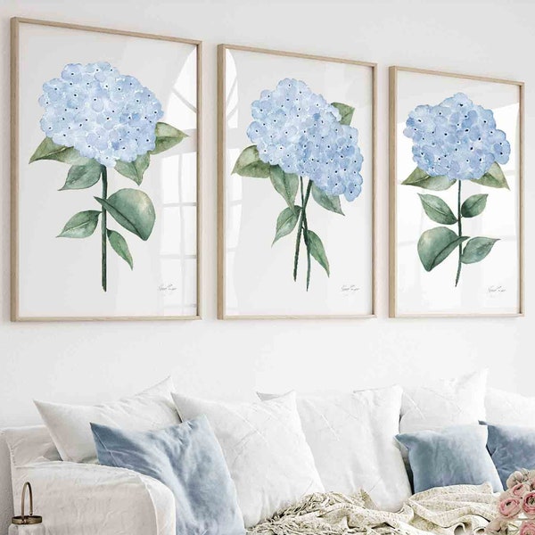 Light Blue Hydrangea Print Set of 3 Minimalist Artwork Botanical Fine Art Posters, Hamptons Wall Decor Modern Fine Art Print Extra Large