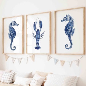 Watercolor Coastal Decor Blue Nautical Wall Art Set of 3 Prints Minimalist Wall Decor for Baby Child Nursery Kids Room Modern Hamptons Decor
